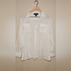 Jones New York White Textured Fresh Button-Up Long Sleeve Shirt
